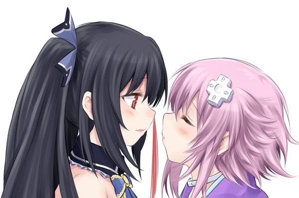 Anime picture 1506x1000 with choujigen game neptune noire neptune (choujigen game neptune) suzushiro yukari long hair blush short hair black hair simple background red eyes white background multiple girls pink hair eyes closed profile shoujo ai almost kiss girl hair ornament 2 girls
