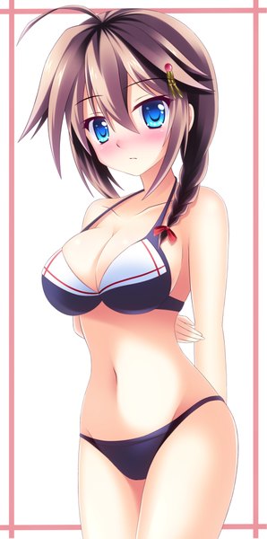 Anime picture 1008x2030 with kantai collection shigure destroyer midori rin single long hair tall image looking at viewer blush breasts blue eyes light erotic simple background brown hair white background ahoge braid (braids) single braid hands behind back framed remodel (kantai collection)