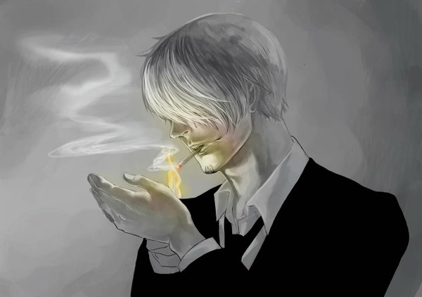 Anime picture 1240x874 with one piece toei animation sanji quanro fringe short hair simple background grey hair hair over one eye grey background mouth hold smoke smoking boy necktie fire cigarette beard