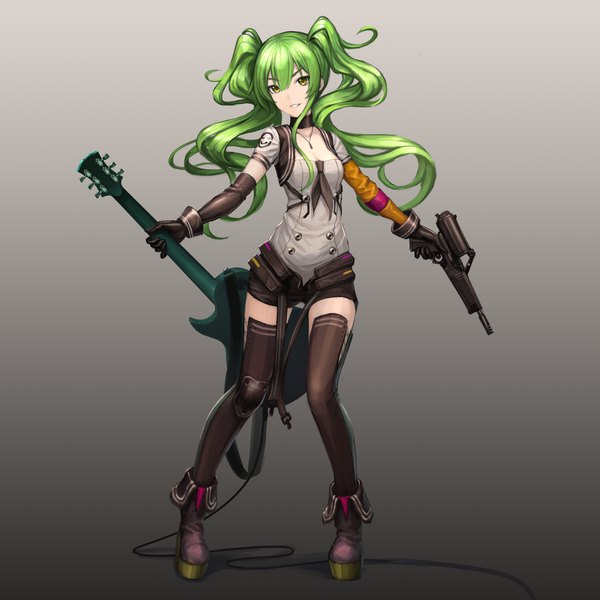 Anime-Bild 2560x2560 mit girls frontline m950a (girls frontline) npt (akzkfhsk0503) single long hair looking at viewer fringe highres breasts simple background smile hair between eyes standing twintails holding yellow eyes cleavage full body long sleeves green hair