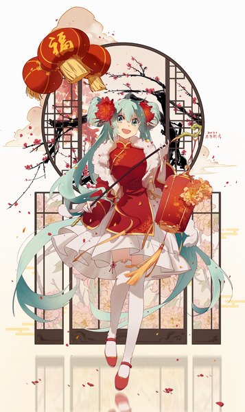 Anime picture 1218x2046 with vocaloid hatsune miku hua ben wuming single tall image fringe open mouth hair between eyes twintails full body very long hair traditional clothes :d aqua eyes aqua hair hair bun (hair buns) chinese clothes plum blossoms chinese new year girl