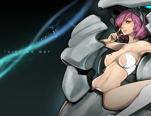 Anime picture 1166x900 with koneko kosodate chuu single short hair breasts light erotic red eyes pink hair underboob girl thighhighs robot ears