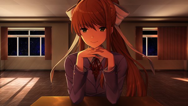 Anime picture 1920x1080 with doki doki literature club monika (doki doki literature club) satchely single long hair looking at viewer fringe highres smile hair between eyes brown hair wide image green eyes payot game cg upper body ponytail indoors long sleeves night