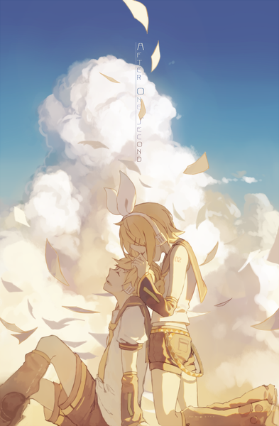 Anime picture 670x1022 with vocaloid kagamine rin kagamine len spencer sais tall image short hair blonde hair smile standing sitting cloud (clouds) bent knee (knees) eyes closed profile wind sunlight kneeling hands on head girl boy