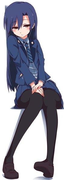 Anime picture 324x912 with idolmaster kisaragi chihaya ekusiregaia single long hair tall image looking at viewer blush simple background white background sitting brown eyes blue hair bent knee (knees) pleated skirt shadow girl skirt uniform school uniform