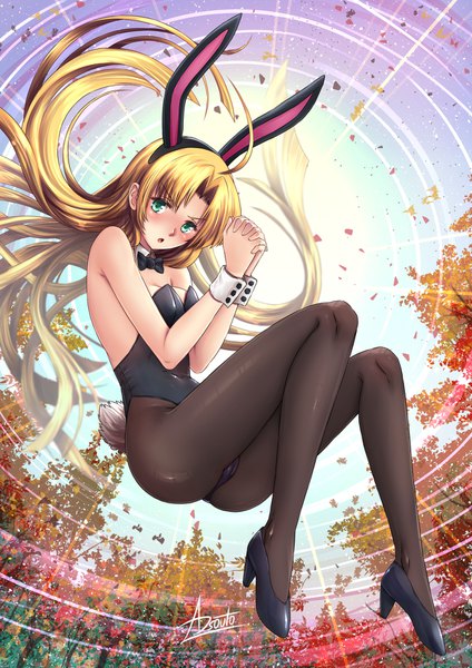 Anime picture 1240x1754 with highschool dxd asia argento adsouto single long hair tall image looking at viewer blush fringe breasts light erotic blonde hair bare shoulders animal ears payot full body ahoge bent knee (knees) tail animal tail