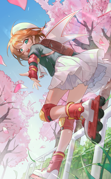 Anime picture 1820x2940 with card captor sakura clamp kinomoto sakura jyuma single tall image looking at viewer fringe highres short hair open mouth hair between eyes brown hair green eyes full body outdoors :d from below cherry blossoms outstretched hand