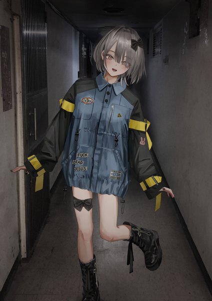Anime picture 3458x4892 with original nadegata single tall image looking at viewer fringe highres short hair open mouth smile hair between eyes standing yellow eyes absurdres long sleeves nail polish head tilt grey hair text sleeves past wrists