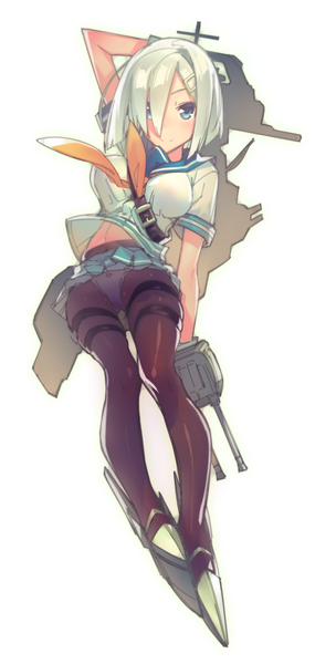 Anime picture 600x1262 with kantai collection hamakaze destroyer mckeee single tall image looking at viewer blush fringe short hair breasts blue eyes light erotic simple background smile white background white hair hair over one eye pantyshot girl skirt