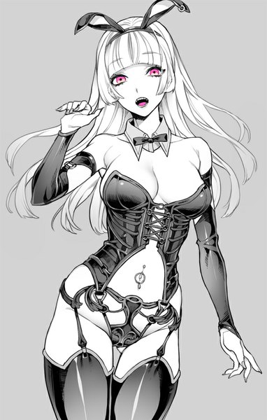 Anime picture 600x940 with original takase (harakiri) single long hair tall image fringe breasts open mouth light erotic simple background large breasts standing bare shoulders animal ears white hair pink eyes grey background teeth bare belly tattoo