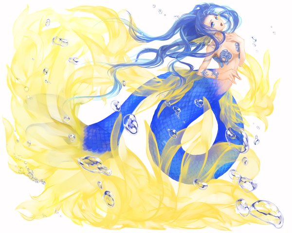 Anime picture 1500x1200 with original daikichi maru single long hair breasts open mouth blue eyes light erotic white background blue hair tail fish tail girl bubble (bubbles) mermaid