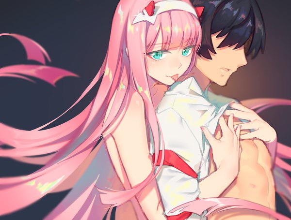 Anime picture 3061x2323 with darling in the franxx studio trigger zero two (darling in the franxx) hiro (darling in the franxx) fiodo long hair fringe highres short hair light erotic black hair simple background pink hair absurdres blunt bangs profile horn (horns) aqua eyes nude floating hair