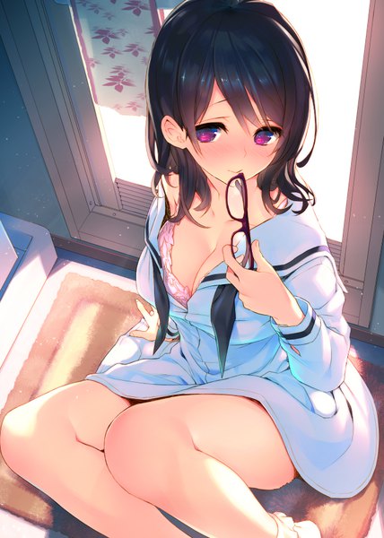 Anime picture 640x897 with original tatami to hinoki single long hair tall image blush breasts light erotic black hair large breasts sitting holding cleavage bent knee (knees) indoors pink eyes arm support embarrassed undressing yokozuwari