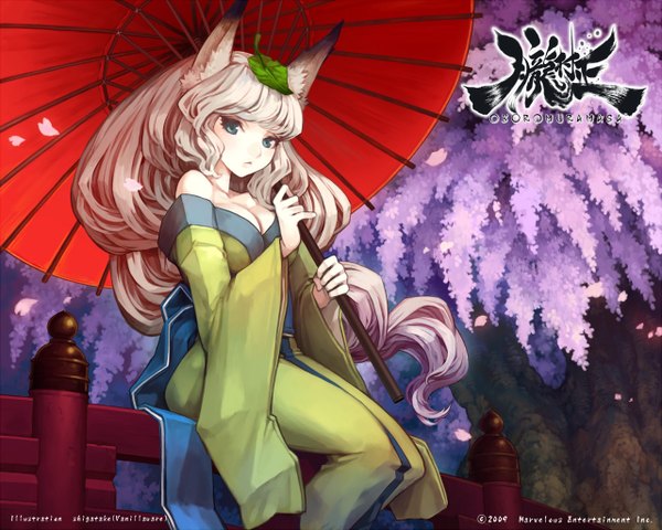 Anime picture 1280x1024 with oboro muramasa (game) vanillaware yuzuruha shigatake looking at viewer animal ears japanese clothes fox ears fox girl girl kimono