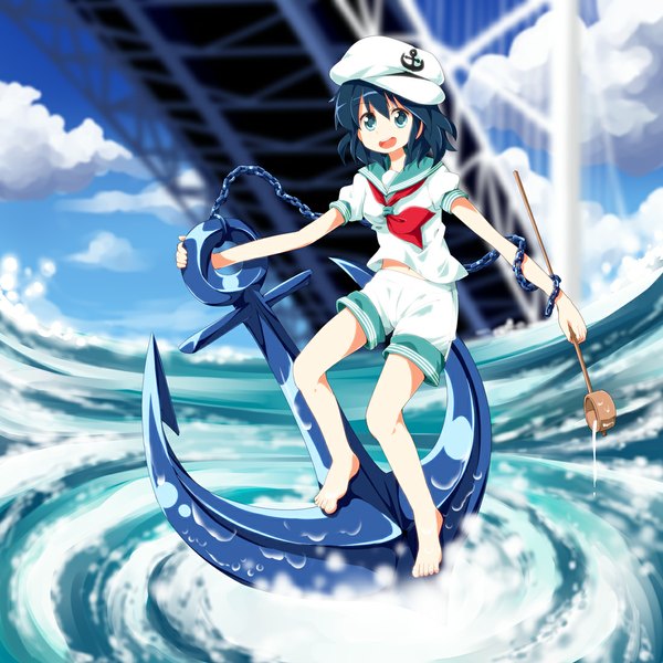 Anime picture 1100x1100 with touhou murasa minamitsu ruu (tksymkw) single short hair open mouth blue eyes black hair girl water shorts sailor suit peaked cap white shorts anchor