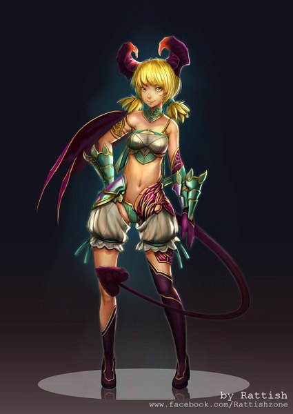 Anime picture 1000x1411 with rattish-ra (artist) single tall image looking at viewer short hair breasts light erotic blonde hair smile bare shoulders yellow eyes tail horn (horns) bare belly demon tail girl navel