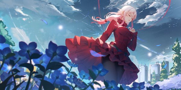 Anime picture 5315x2652 with guilty crown production i.g yuzuriha inori xiaoshan jiang single long hair fringe highres open mouth hair between eyes wide image standing pink hair absurdres sky cloud (clouds) outdoors eyes closed long sleeves wind