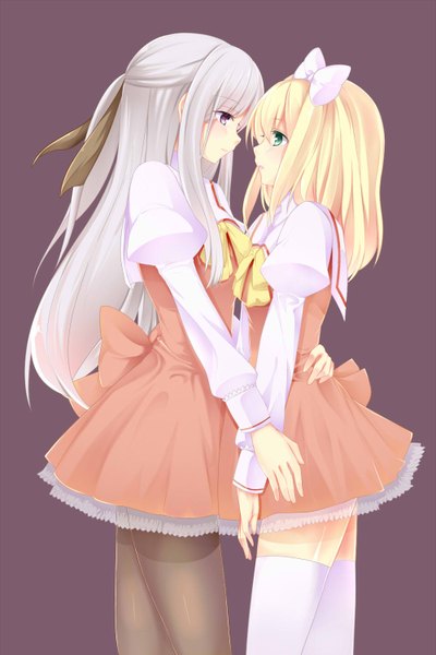 Anime picture 1000x1500 with original itsumo tchan long hair tall image blush simple background blonde hair purple eyes multiple girls green eyes white hair hug shoujo ai eye contact girl thighhighs dress bow 2 girls hair bow