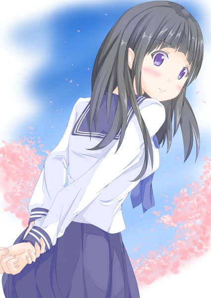 Anime picture 1000x1412 with hyouka kyoto animation chitanda eru ayakase hotaru long hair tall image blush black hair purple eyes girl petals serafuku