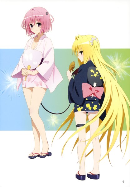 Anime picture 2845x4095 with toloveru toloveru darkness xebec konjiki no yami momo velia deviluke long hair tall image highres short hair blonde hair red eyes purple eyes multiple girls pink hair tail traditional clothes japanese clothes scan girl bow