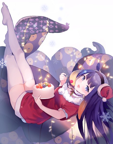 Anime picture 1929x2468 with virtual youtuber hololive hololive english ninomae ina'nis kazo (apap023451) single long hair tall image looking at viewer fringe highres open mouth blue eyes animal ears purple hair full body christmas tentacle hair girl thighhighs