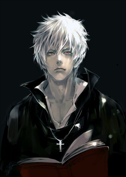 Anime picture 774x1088 with gintama sunrise (studio) sakata gintoki lazy c single tall image looking at viewer short hair simple background red eyes white hair alternate costume black background open collar boy pendant book (books) jewelry cloak cross