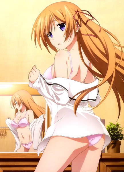 Anime picture 4098x5682 with chaos;child nyantype kurusu nono single long hair tall image looking at viewer fringe highres open mouth light erotic standing purple eyes absurdres ass indoors looking back groin reflection girl