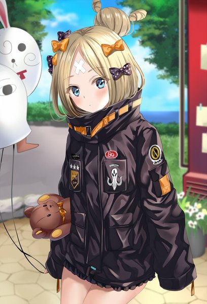 Anime picture 700x1028 with fate (series) fate/grand order abigail williams (fate) fou (fate) medjed harimoji single long hair tall image looking at viewer blush fringe blue eyes blonde hair standing holding sky cloud (clouds) outdoors hair bun (hair buns)