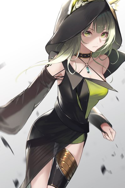 Anime picture 1200x1800 with arknights kal'tsit (arknights) zhuang yao single long hair tall image looking at viewer fringe simple background standing green eyes animal ears green hair cat ears cat girl gradient background thigh gap shaded face oripathy lesion (arknights) girl
