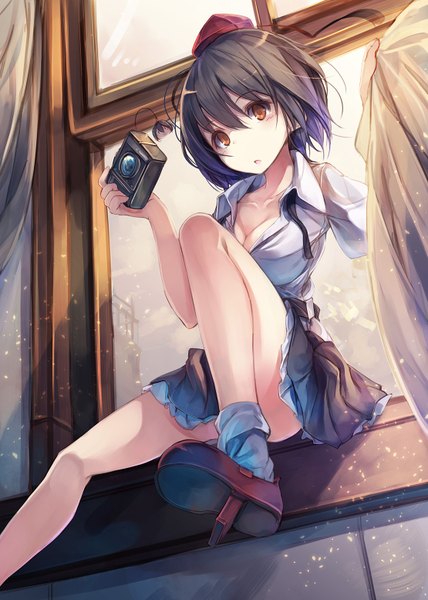 Anime picture 1110x1554 with touhou shameimaru aya fal maro single tall image looking at viewer short hair black hair red eyes cleavage partially open clothes convenient leg girl skirt miniskirt shirt socks shoes window white socks