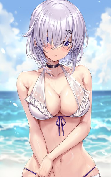 Anime picture 992x1574 with original ks single long hair tall image looking at viewer blush fringe breasts light erotic large breasts standing purple eyes sky cleavage silver hair cloud (clouds) outdoors hair over one eye skindentation