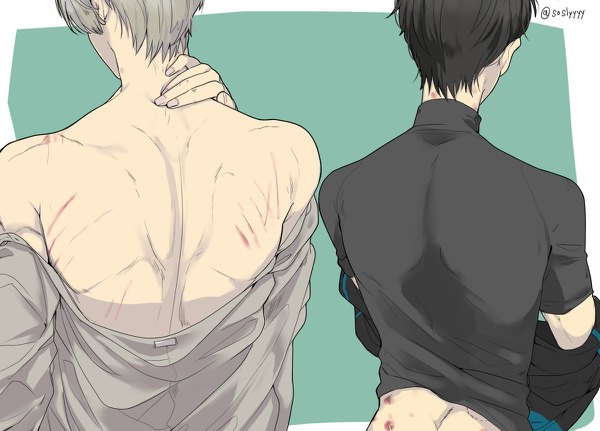 Anime picture 1200x862 with yuri!!! on ice mappa viktor nikiforov katsuki yuuri soslyyyy short hair light erotic black hair fingernails grey hair multiple boys twitter username back bare back shounen ai dressing footprints boy 2 boys scratch