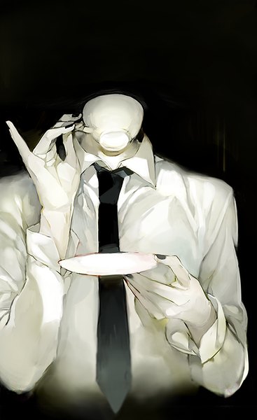 Anime picture 497x812 with original memipong single tall image simple background holding nail polish black background black nail polish drinking pinky out headless shirt necktie white shirt cup teacup hands