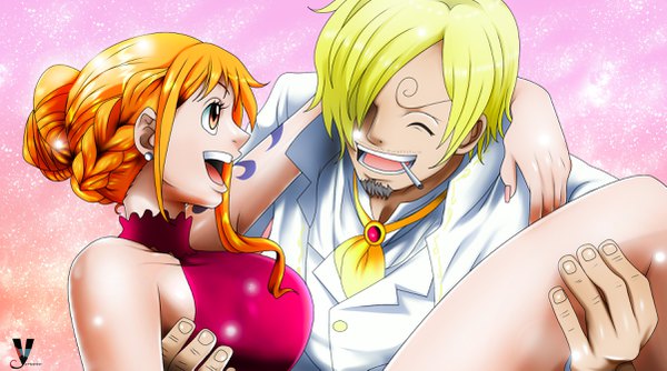 Anime picture 2402x1338 with one piece toei animation nami (one piece) sanji yameta studio fringe highres short hair breasts open mouth blonde hair smile wide image brown eyes signed upper body braid (braids) eyes closed nail polish profile