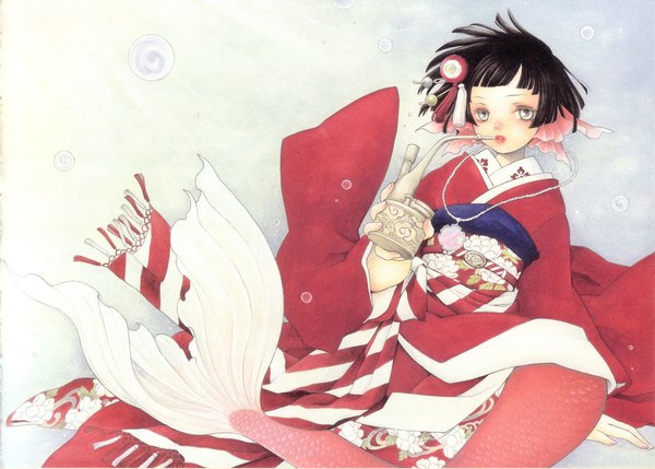 Anime picture 2336x1672 with original kohime ohse single highres short hair black hair japanese clothes scan silver eyes smoking girl hair ornament kimono hairclip bubble (bubbles) mermaid