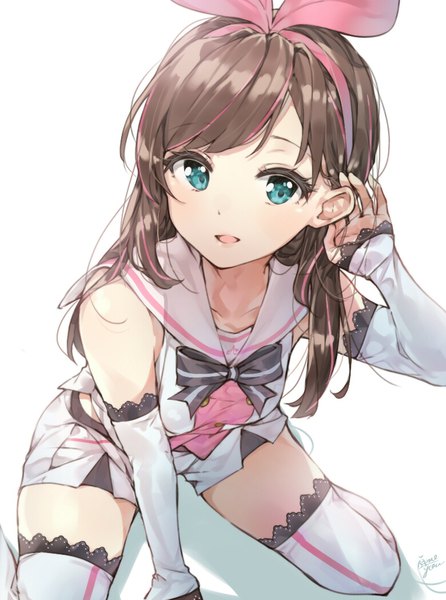 Anime picture 780x1049 with virtual youtuber a.i. channel kizuna ai takenoko no you single long hair tall image looking at viewer open mouth simple background brown hair white background sitting signed multicolored hair aqua eyes two-tone hair zettai ryouiki streaked hair adjusting hair