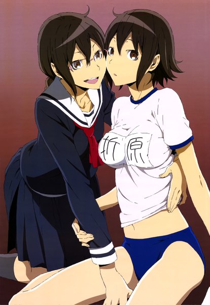 Anime picture 4093x5925 with durarara!! brains base (studio) nyantype orihara mairu orihara kururi tall image highres short hair open mouth light erotic black hair multiple girls brown eyes absurdres official art shoujo ai girl uniform 2 girls glasses