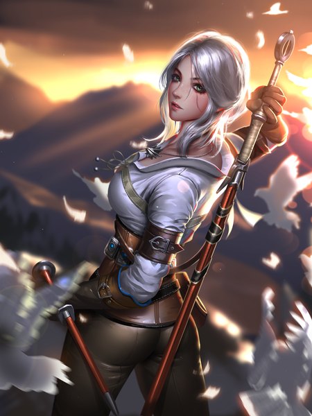Anime picture 6000x8000 with the witcher the witcher 3 wild hunt ciri liang xing single long hair tall image looking at viewer fringe highres breasts hair between eyes large breasts holding absurdres silver hair looking back from above sunlight blurry
