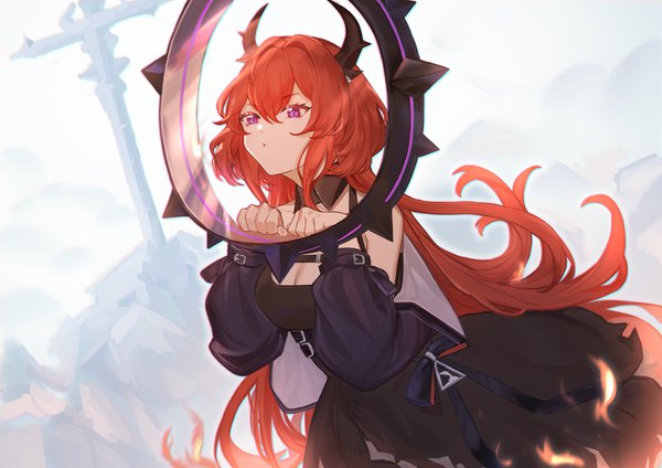 Anime picture 2456x1736 with arknights surtr (arknights) yan er10 single long hair looking at viewer fringe highres breasts simple background hair between eyes standing purple eyes payot cleavage red hair horn (horns) off shoulder open jacket leaning
