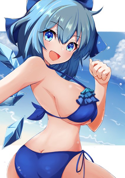 Anime picture 2121x2999 with touhou cirno komori hiki16 single tall image looking at viewer blush fringe highres short hair breasts open mouth blue eyes light erotic smile hair between eyes large breasts standing blue hair sky