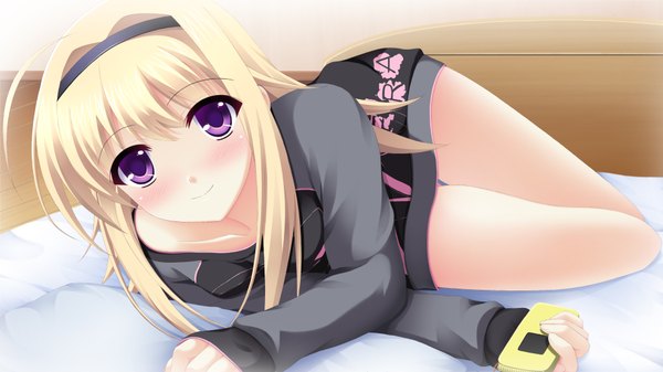 Anime picture 3840x2160 with chaos;head nishijou nanami nora (otome70121) long hair looking at viewer blush highres blonde hair wide image purple eyes absurdres lying legs girl hairband bed phone