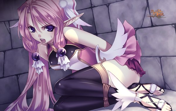 Anime picture 1900x1200 with agarest senki ellis (agarest senki) single long hair looking at viewer highres open mouth purple eyes pink hair pointy ears elf girl thighhighs hair ornament black thighhighs sandals