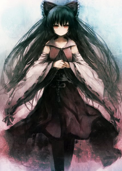 Anime picture 1000x1402 with touhou hakurei reimu zen33n single long hair tall image looking at viewer fringe black hair red eyes standing traditional clothes alternate hairstyle girl hair ornament ribbon (ribbons) bow hair bow detached sleeves large bow