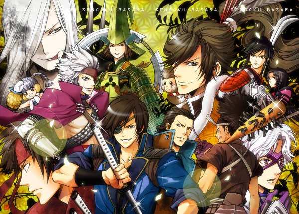 Anime picture 1200x858 with sengoku basara production i.g date masamune sanada yukimura motochika chousokabe motonari mouri katakura kojuurou oichi maeda keiji takenaka hanbei akechi mitsuhide azai nagamasa yumekichi miyamoto musashi itsuki noritama (artist) fringe brown hair brown eyes white hair