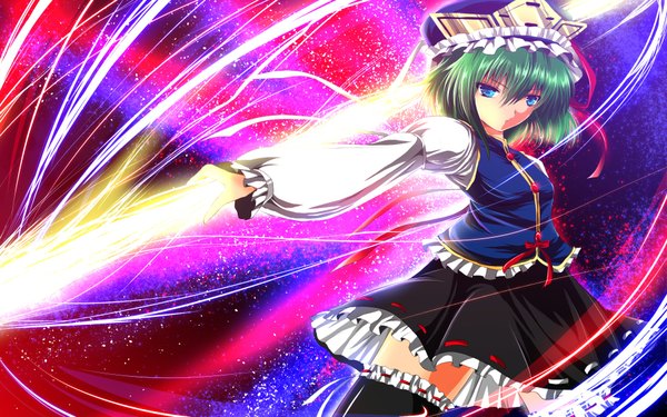 Anime picture 1920x1200 with touhou shikieiki yamaxanadu nekominase single looking at viewer blush highres short hair blue eyes wide image green hair serious multicolored girl thighhighs skirt hair ornament weapon black thighhighs hat