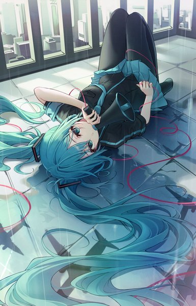 Anime picture 1800x2803 with vocaloid koi wa sensou (vocaloid) hatsune miku dangmyo single tall image looking at viewer fringe highres hair between eyes twintails holding full body outdoors lying very long hair pleated skirt aqua eyes aqua hair short sleeves