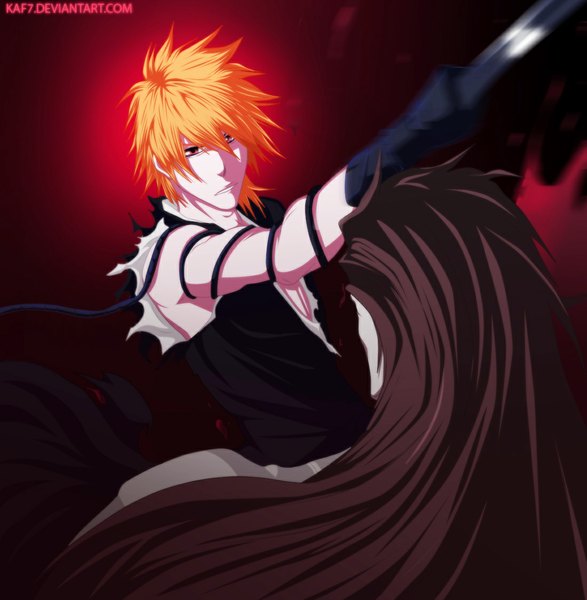 Anime picture 1100x1125 with bleach studio pierrot kurosaki ichigo aizen sousuke aconst long hair tall image short hair brown hair japanese clothes pink eyes orange hair coloring torn clothes boy kimono chain