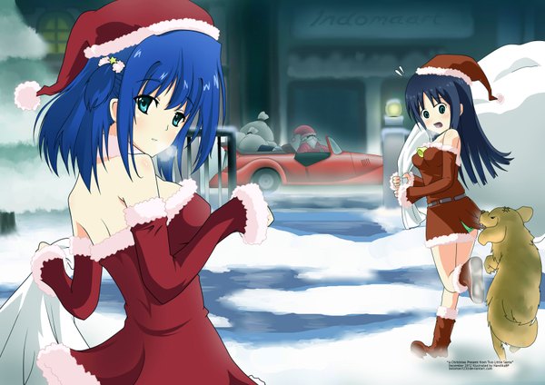 Anime picture 3507x2480 with original santa claus nandika nobi long hair highres short hair open mouth black hair bare shoulders multiple girls blue hair absurdres looking back aqua eyes fur trim christmas winter snow girl 2 girls