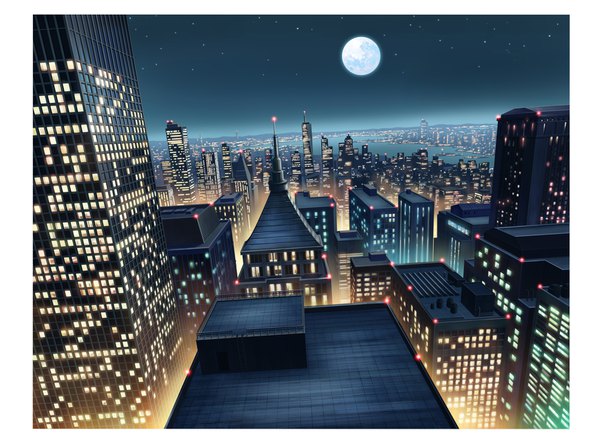 イラスト 1709x1261 と オリジナル ハリケーン highres 空 night night sky city horizon cityscape no people framed city lights 建物 月 星 満月 超高層ビル roof