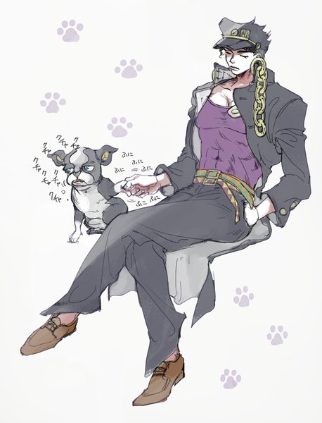 Anime picture 611x800 with jojo no kimyou na bouken kujo jotaro iggy (jojo) halu-ca tall image short hair black hair simple background white background sitting eyes closed crossed legs text muscle hand in pocket footprints boy uniform school uniform animal